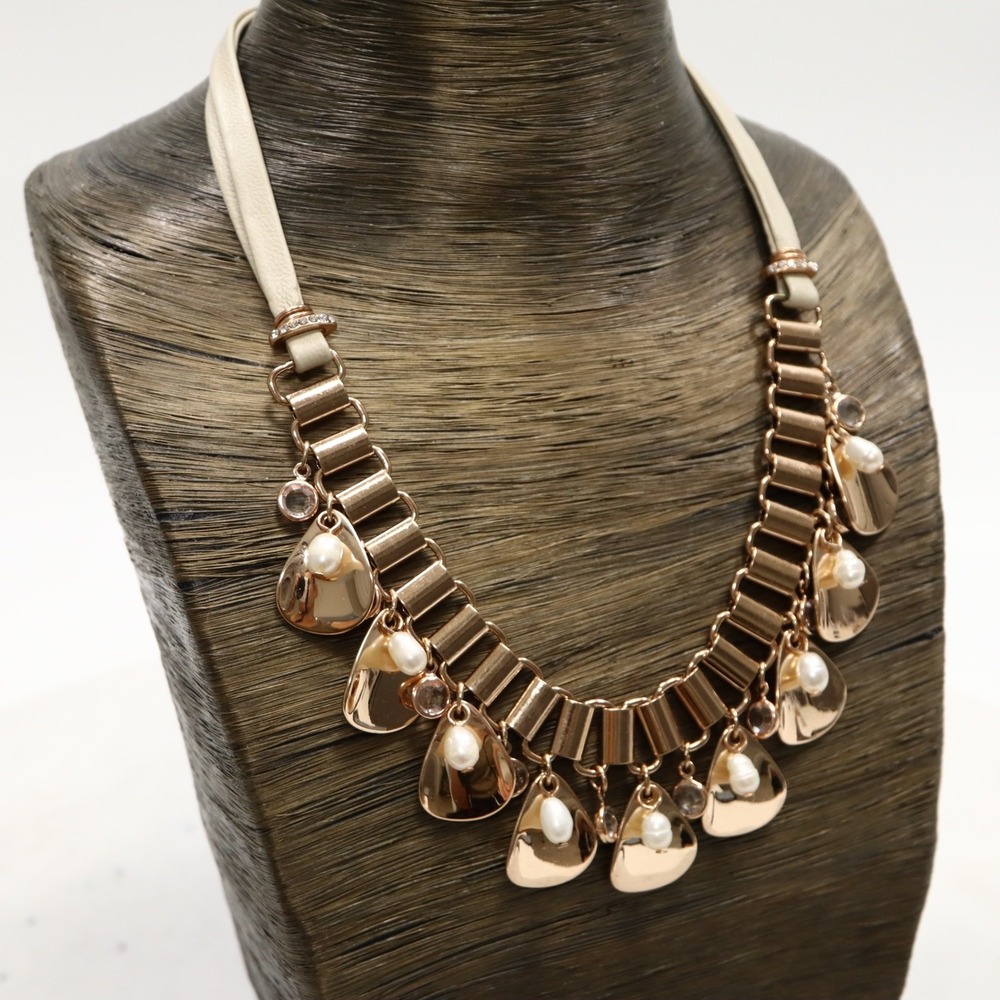 WHBM Rose Gold Teardrop Pearl Rhinestone Bib Statement Necklace Leather Neutral